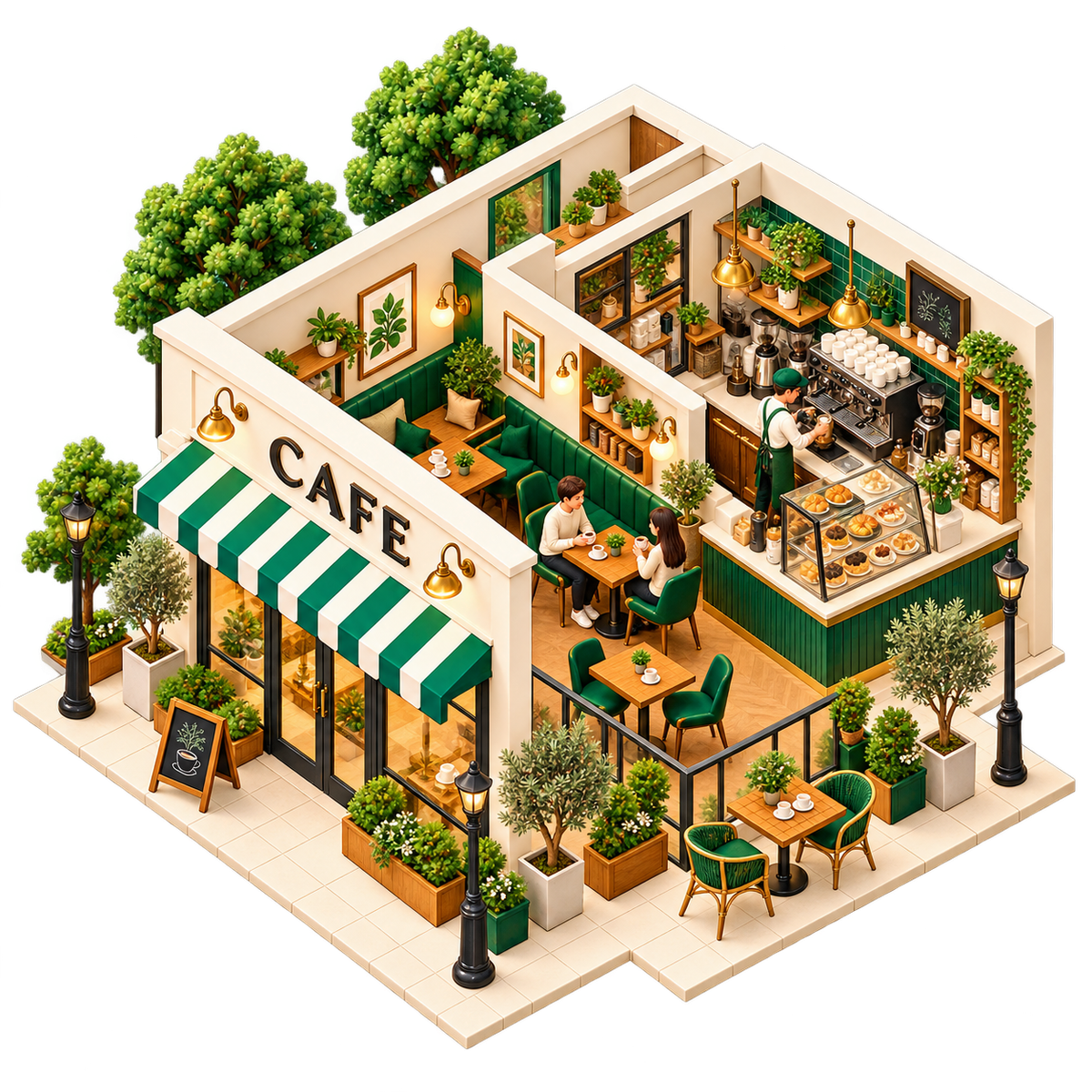 Detailed café courtyard and espresso counter