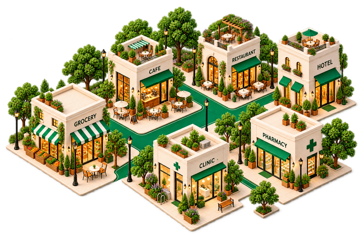 A detailed miniature neighbourhood connected by an emerald lane